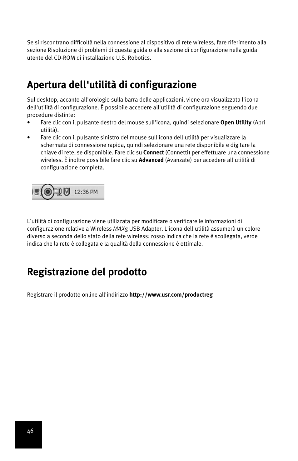 Apertura dell'utilità di configurazione, Registrazione del prodotto | USRobotics MAXg User Manual | Page 50 / 90