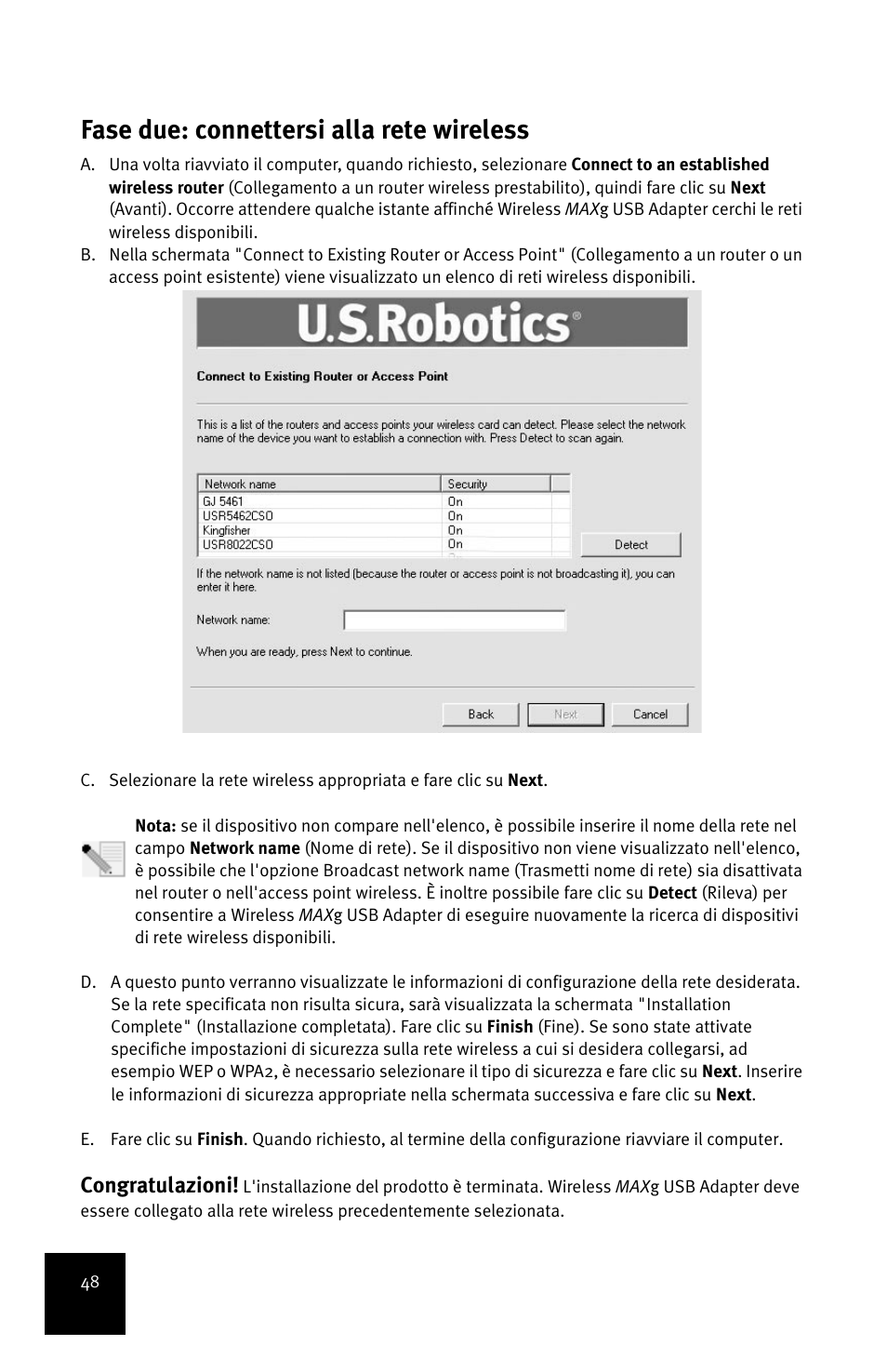 Fase due: connettersi alla rete wireless, Congratulazioni | USRobotics MAXg User Manual | Page 52 / 90