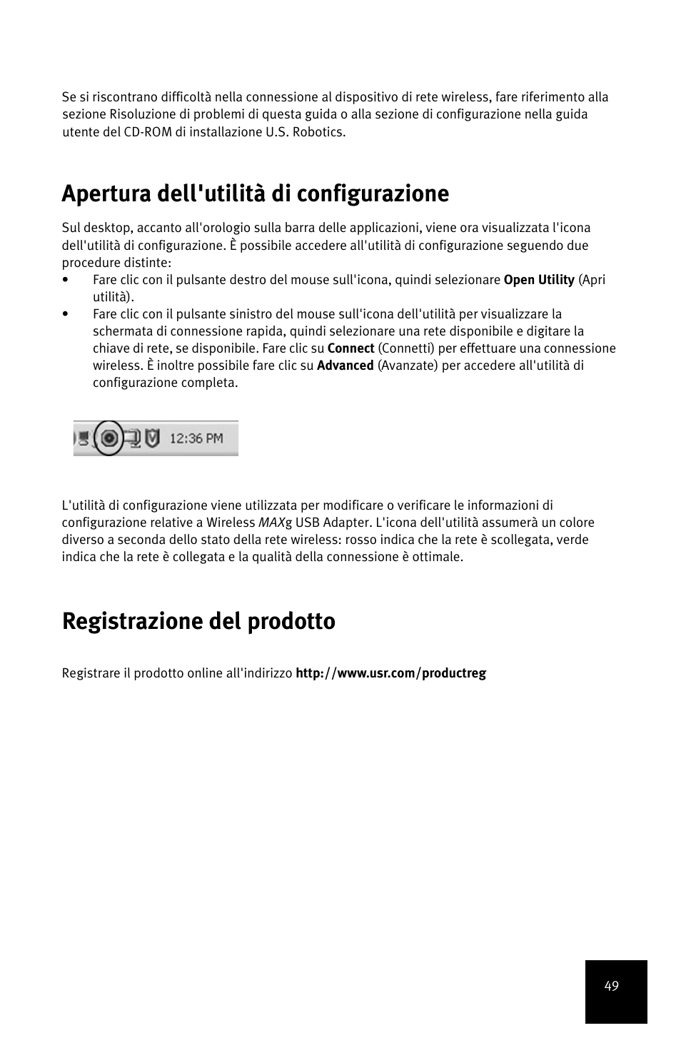 Apertura dell'utilità di configurazione, Registrazione del prodotto | USRobotics MAXg User Manual | Page 53 / 90