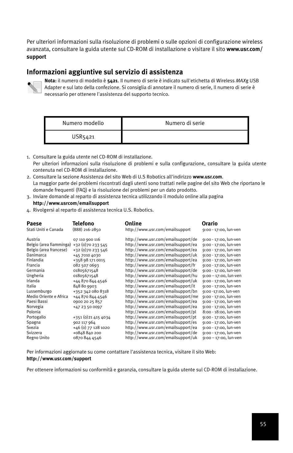 Informazioni aggiuntive sul servizio di assistenza, Paese telefono online orario, Numero modello numero di serie usr5421 | USRobotics MAXg User Manual | Page 59 / 90