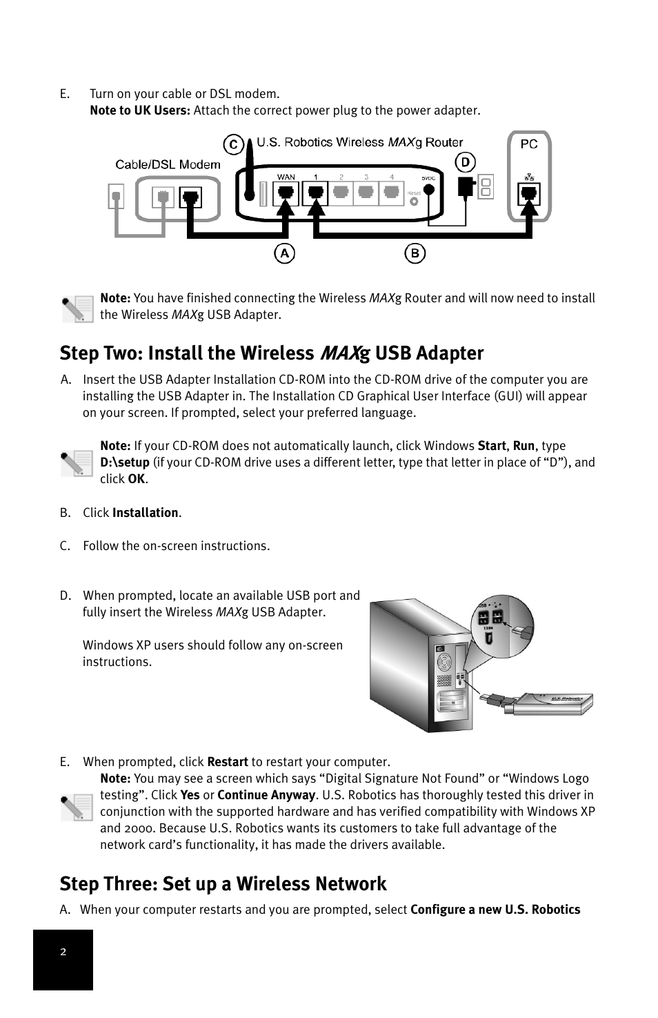 Step two: install the wireless, G usb adapter, Step three: set up a wireless network | USRobotics MAXg User Manual | Page 6 / 90