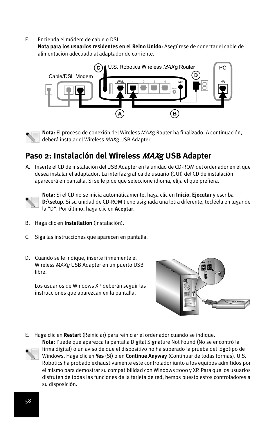 Paso 2: instalación del wireless, G usb adapter | USRobotics MAXg User Manual | Page 62 / 90