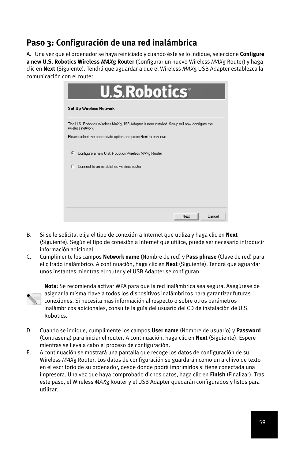 Paso 3: configuración de una red inalámbrica | USRobotics MAXg User Manual | Page 63 / 90