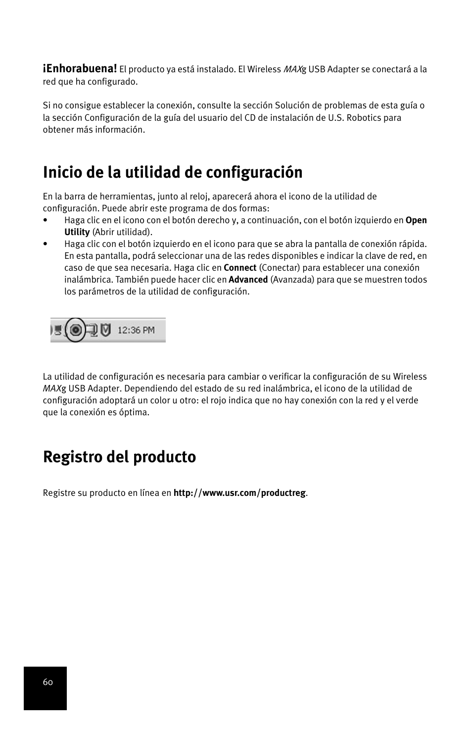 Inicio de la utilidad de configuración, Registro del producto | USRobotics MAXg User Manual | Page 64 / 90