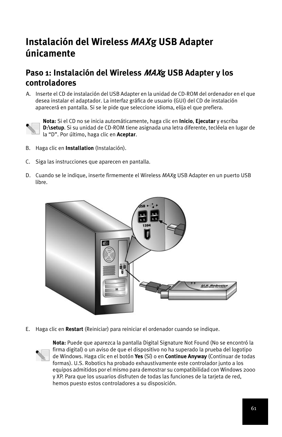 Paso 1: instalación del wireless, G usb adapter y los controladores | USRobotics MAXg User Manual | Page 65 / 90