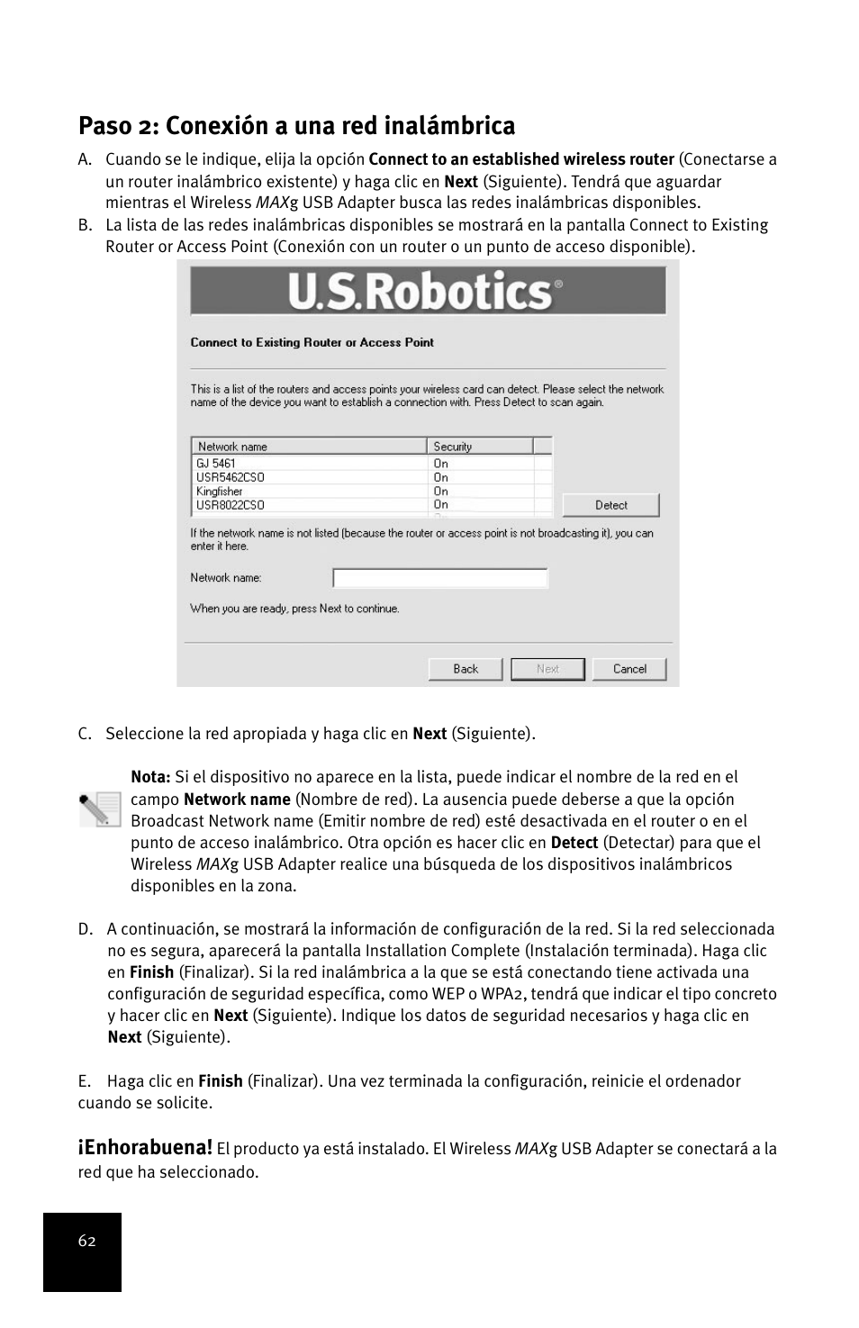Paso 2: conexión a una red inalámbrica, Enhorabuena | USRobotics MAXg User Manual | Page 66 / 90