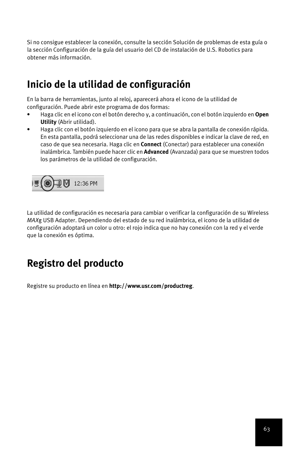 Inicio de la utilidad de configuración, Registro del producto | USRobotics MAXg User Manual | Page 67 / 90