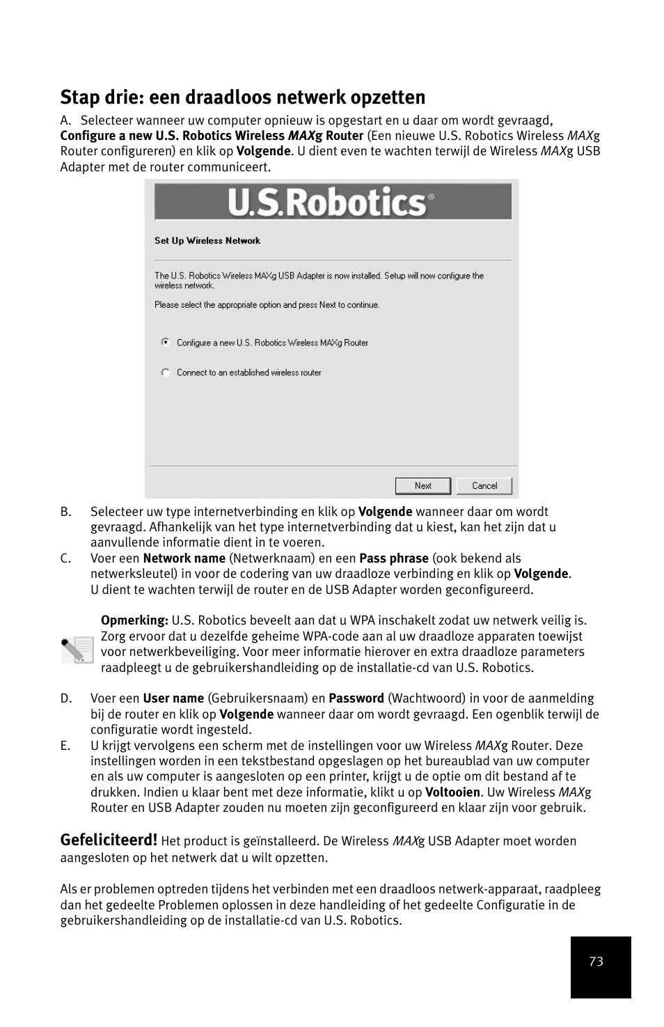 Stap drie: een draadloos netwerk opzetten, Gefeliciteerd | USRobotics MAXg User Manual | Page 77 / 90