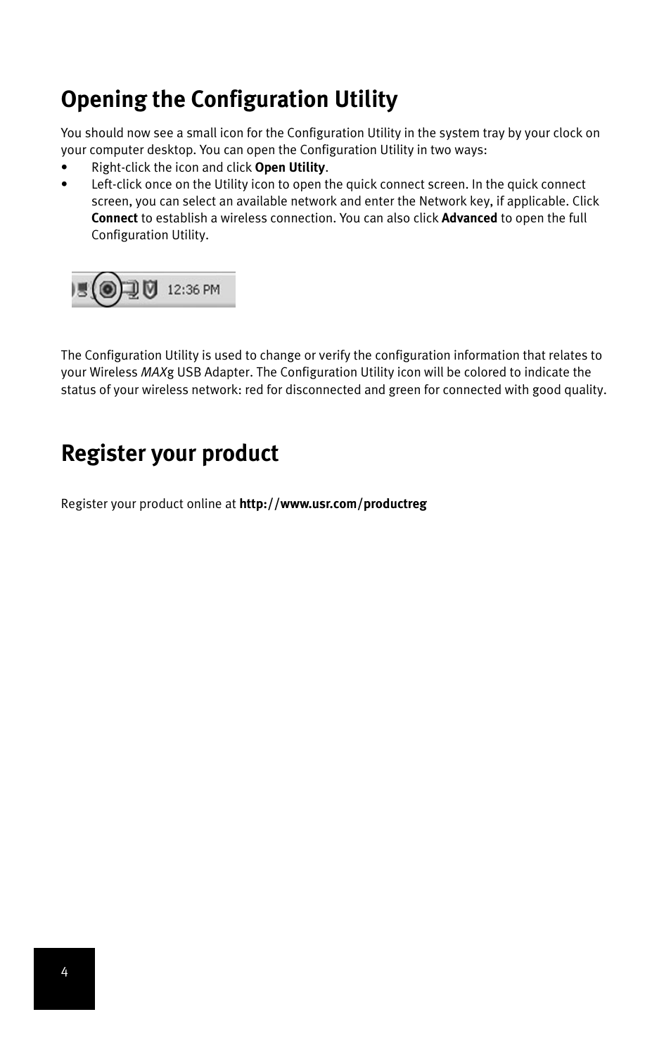 Opening the configuration utility, Register your product | USRobotics MAXg User Manual | Page 8 / 90