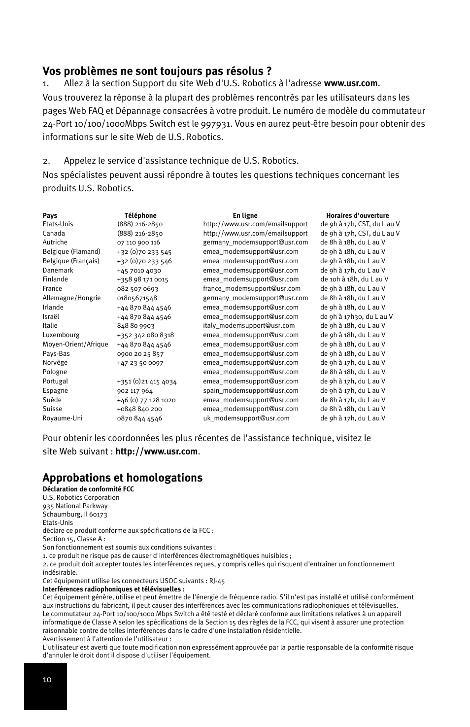 Vos problèmes ne sont toujours pas résolus, Approbations et homologations | USRobotics 7931 User Manual | Page 14 / 85