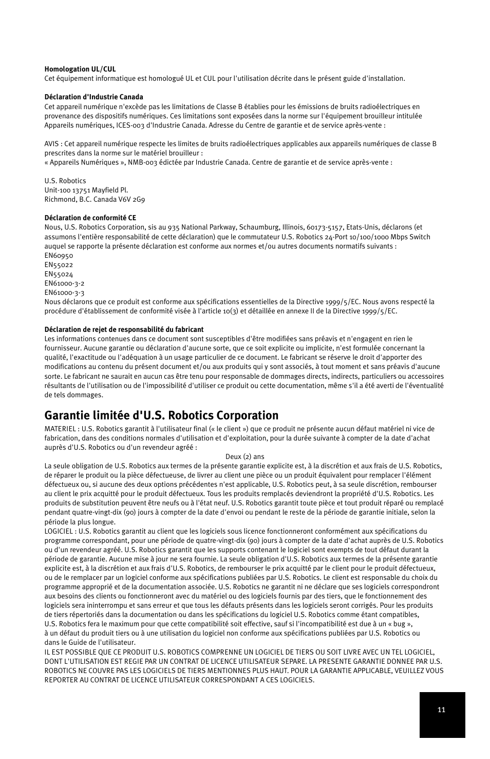 Garantie limitée d'u.s. robotics corporation | USRobotics 7931 User Manual | Page 15 / 85