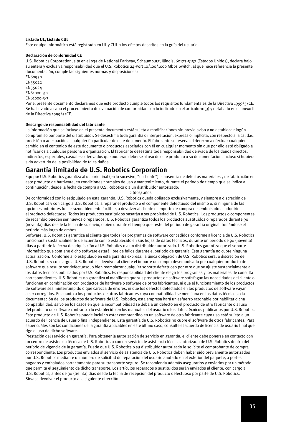 Garantía limitada de u.s. robotics corporation | USRobotics 7931 User Manual | Page 39 / 85