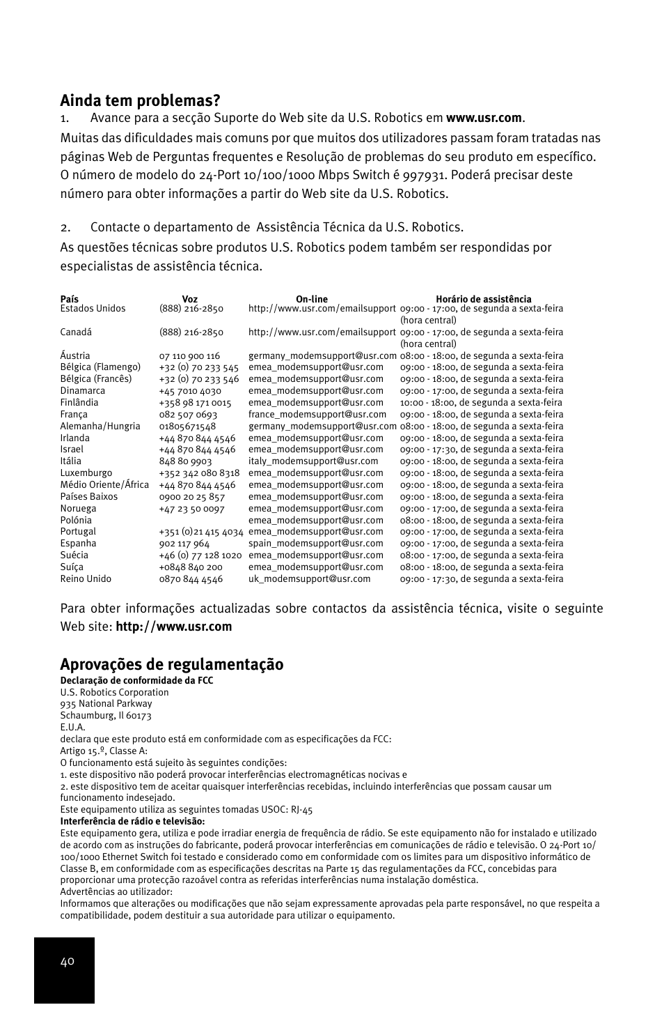 Ainda tem problemas, Aprovações de regulamentação | USRobotics 7931 User Manual | Page 44 / 85