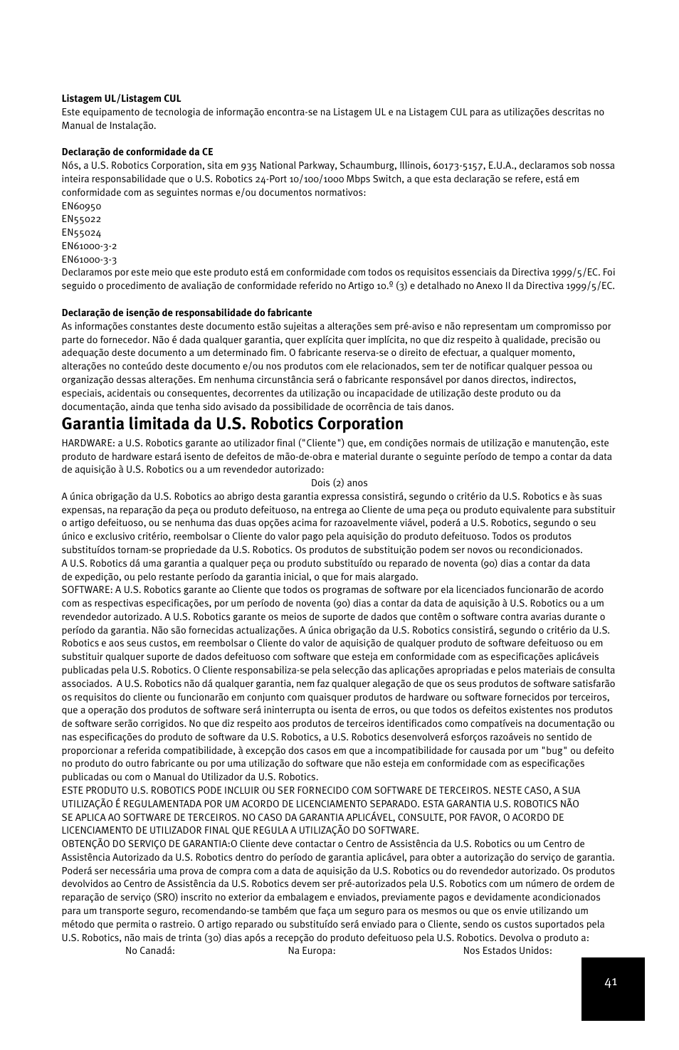 Garantia limitada da u.s. robotics corporation | USRobotics 7931 User Manual | Page 45 / 85