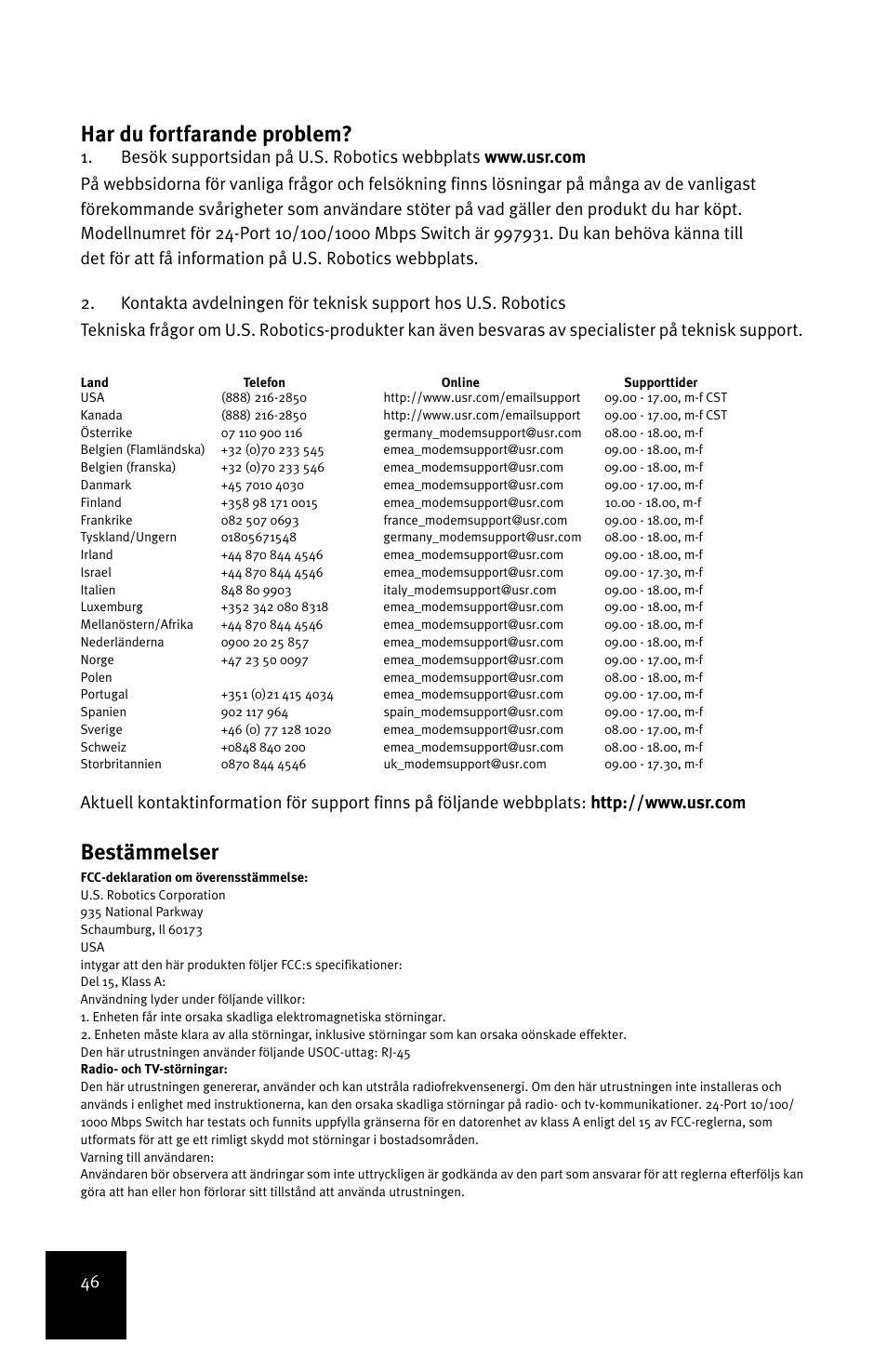 Har du fortfarande problem, Bestämmelser | USRobotics 7931 User Manual | Page 50 / 85