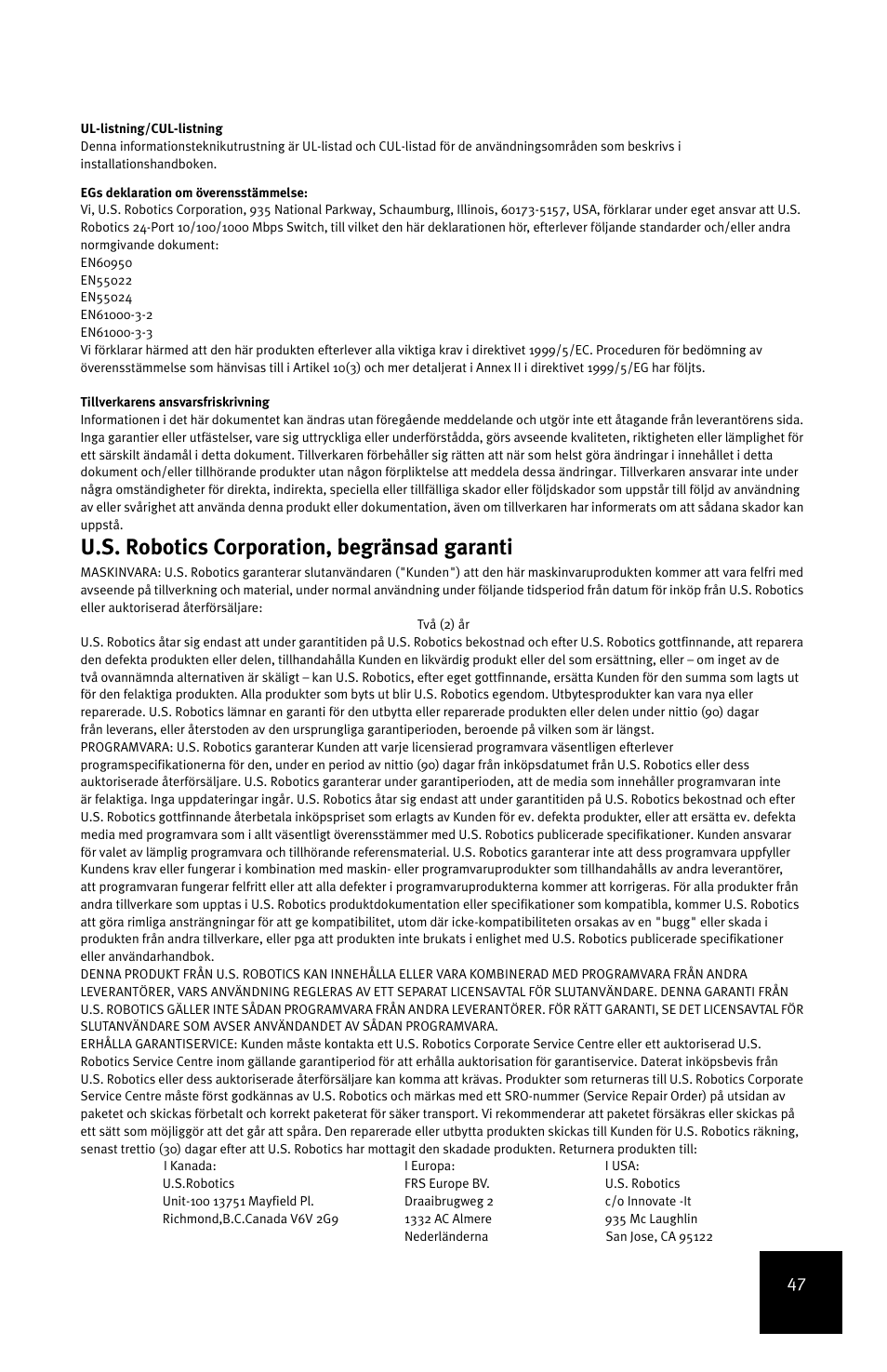 U.s. robotics corporation, begränsad garanti | USRobotics 7931 User Manual | Page 51 / 85