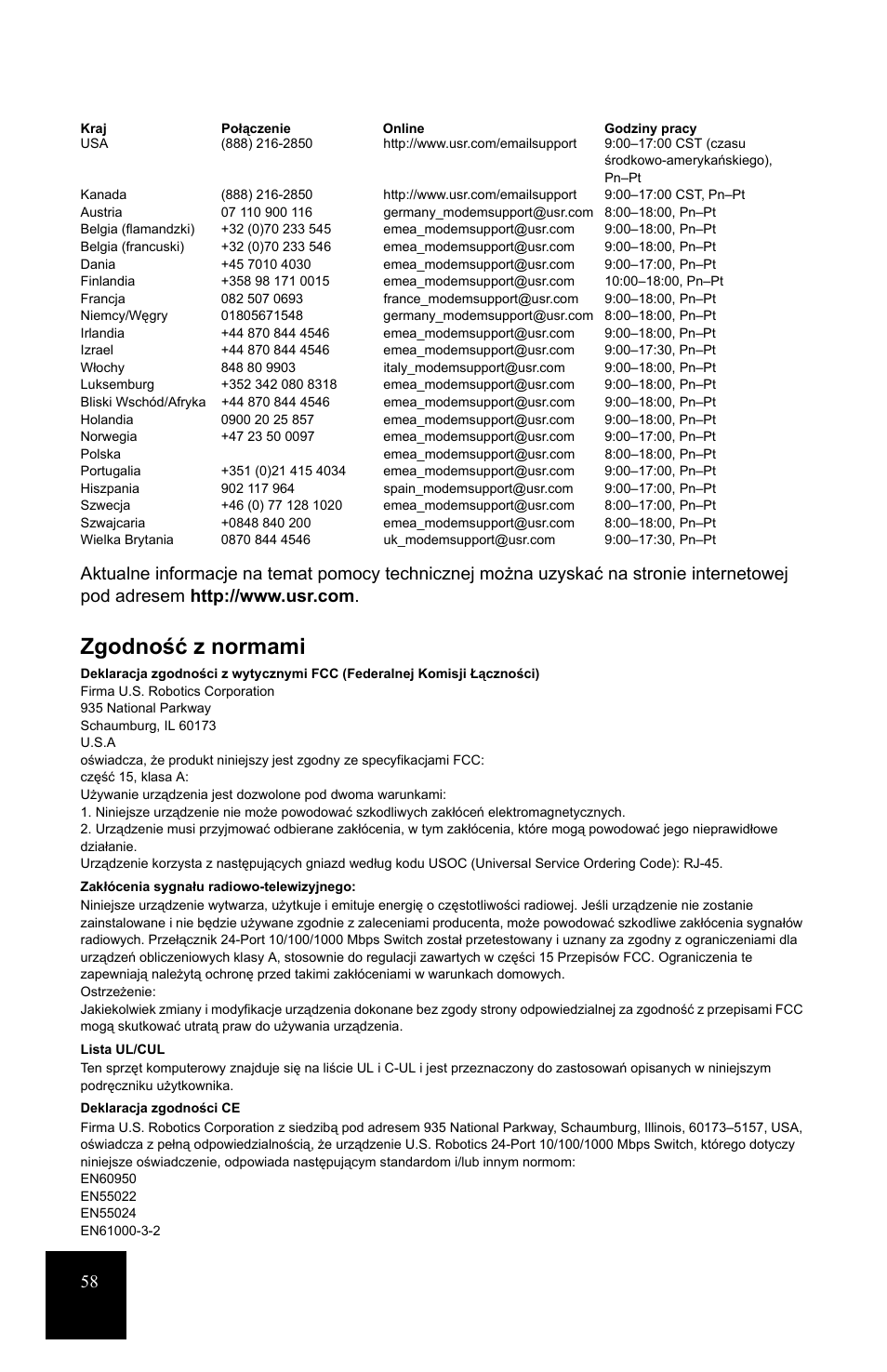 Zgodność z normami | USRobotics 7931 User Manual | Page 62 / 85