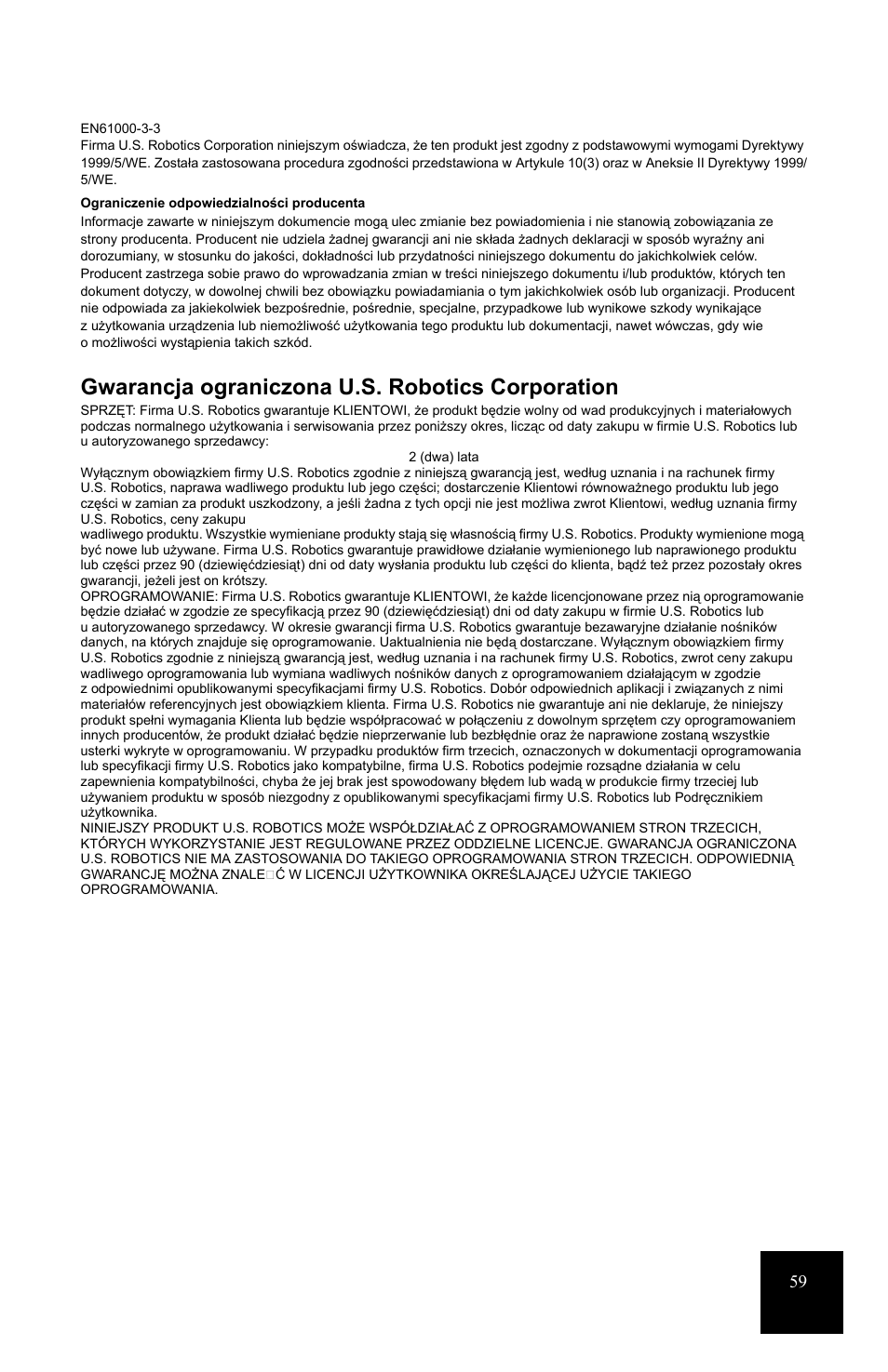 Gwarancja ograniczona u.s. robotics corporation | USRobotics 7931 User Manual | Page 63 / 85