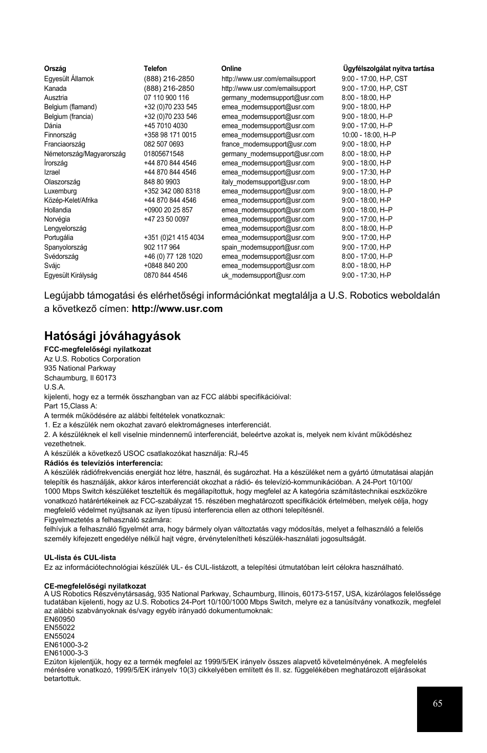 Hatósági jóváhagyások | USRobotics 7931 User Manual | Page 69 / 85
