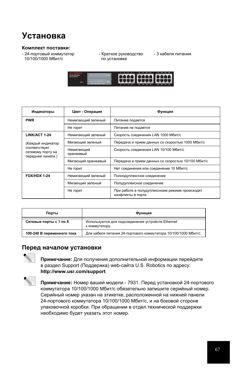 Установка, Перед началом установки, Комплект поставки | USRobotics 7931 User Manual | Page 72 / 85