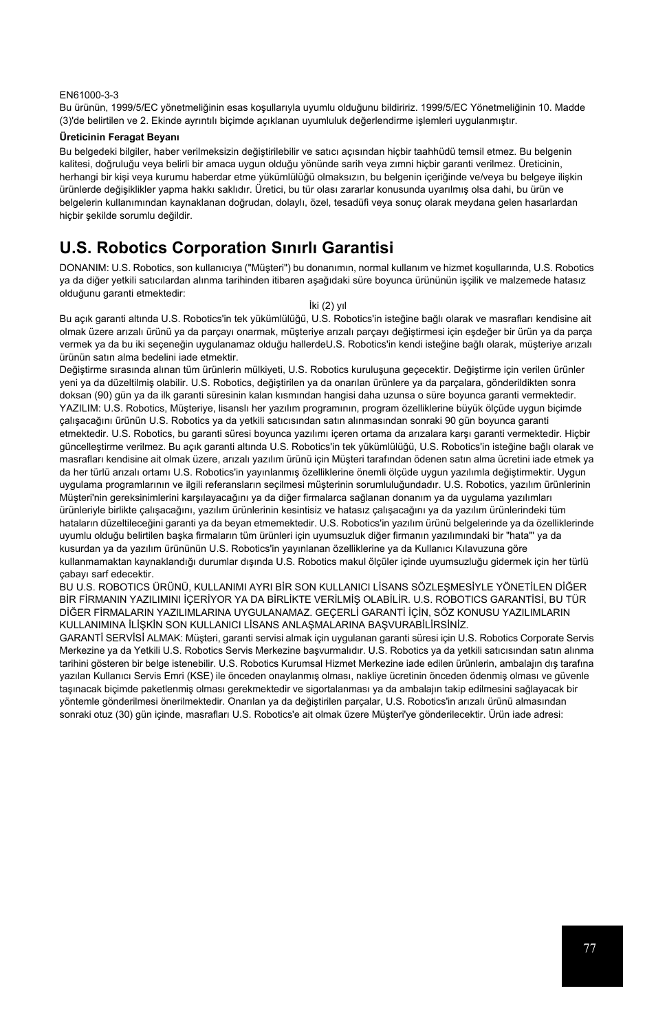 U.s. robotics corporation sõnõrlõ garantisi | USRobotics 7931 User Manual | Page 82 / 85