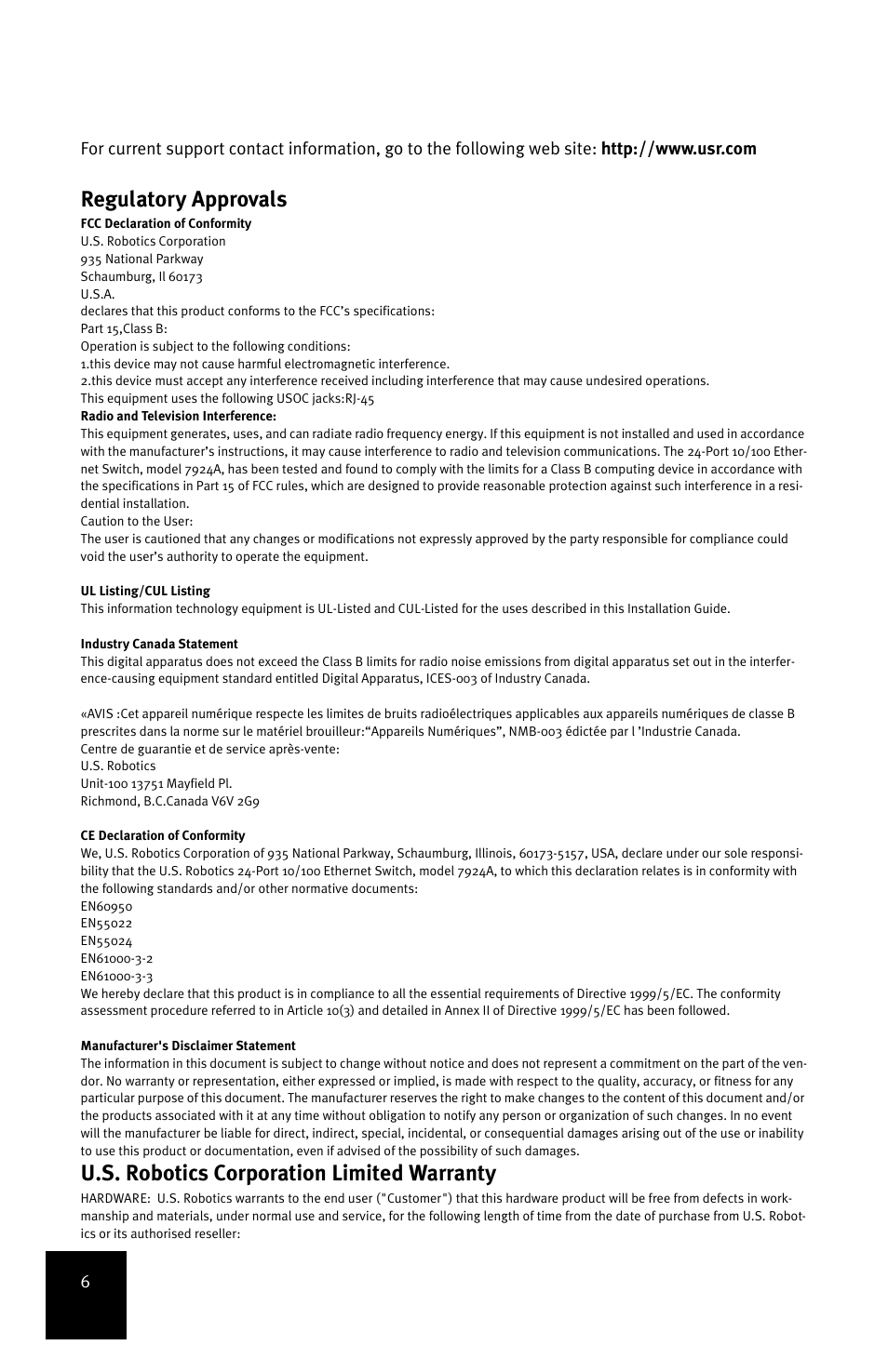 Regulatory approvals, U.s. robotics corporation limited warranty | USRobotics 24-Port 10/100 User Manual | Page 10 / 78