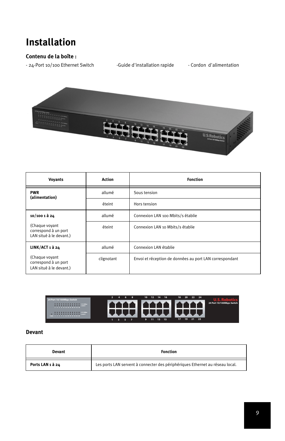 Installation, Contenu de la boîte, Devant | USRobotics 24-Port 10/100 User Manual | Page 13 / 78