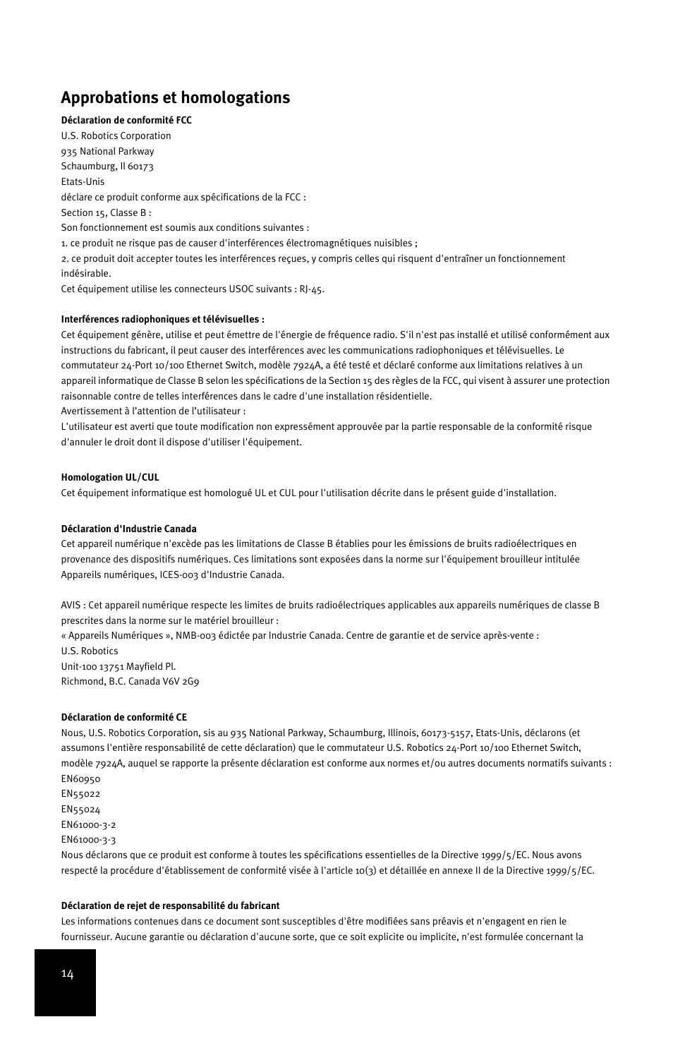 Approbations et homologations | USRobotics 24-Port 10/100 User Manual | Page 18 / 78