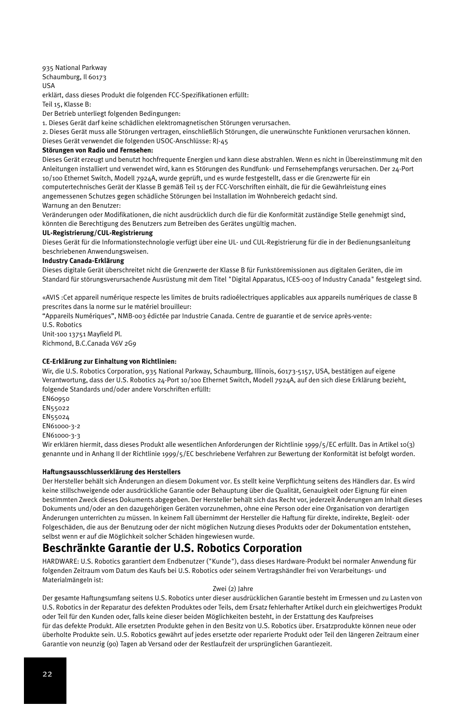 Beschränkte garantie der u.s. robotics corporation | USRobotics 24-Port 10/100 User Manual | Page 26 / 78