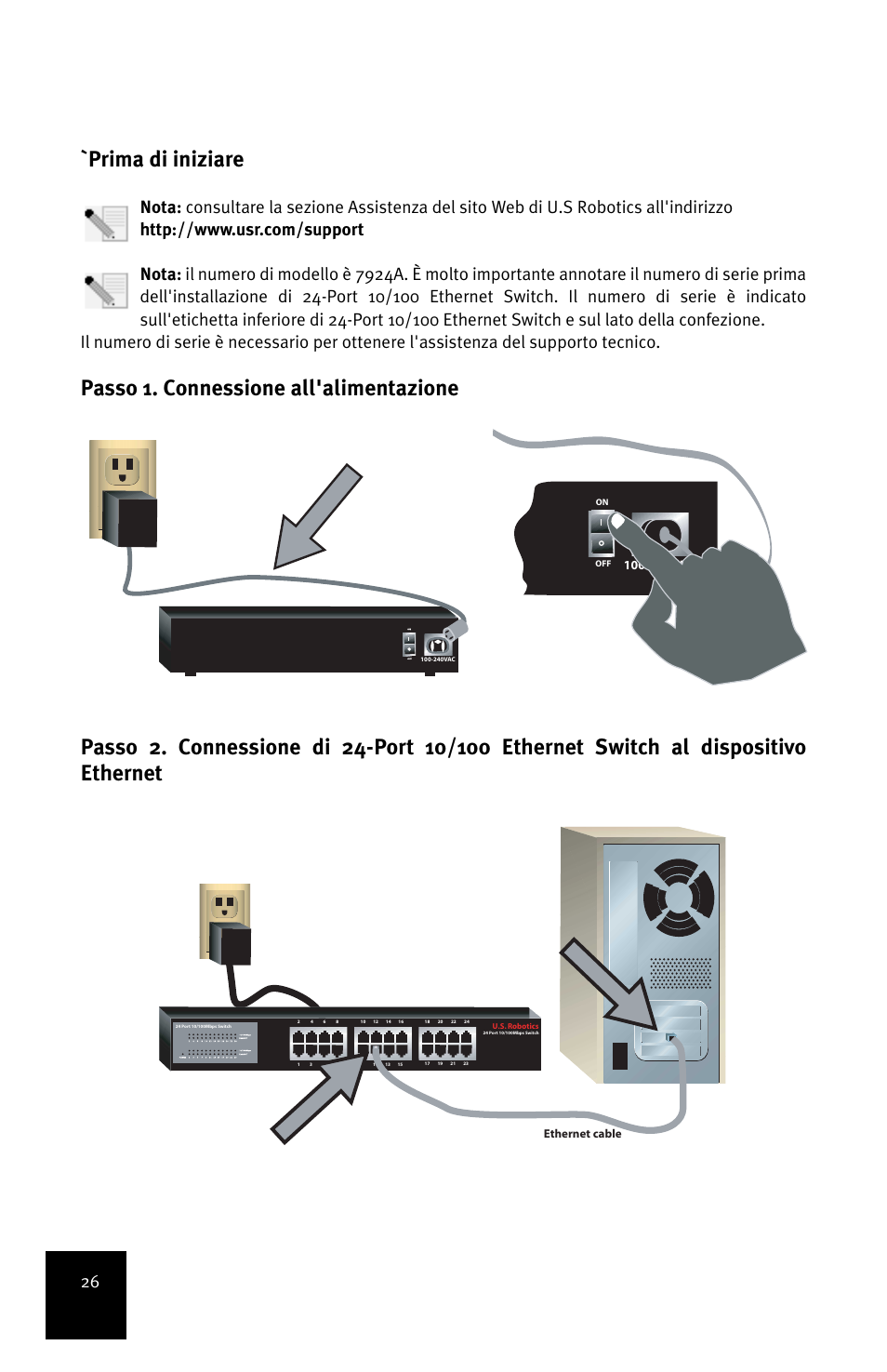 Prima di iniziare, 240vac, Ethernet cable | USRobotics 24-Port 10/100 User Manual | Page 30 / 78