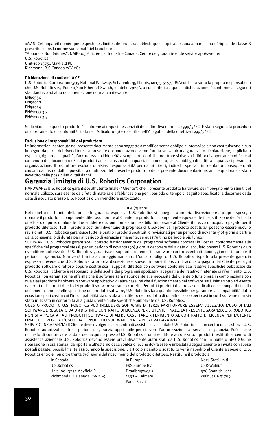 Garanzia limitata di u.s. robotics corporation | USRobotics 24-Port 10/100 User Manual | Page 34 / 78