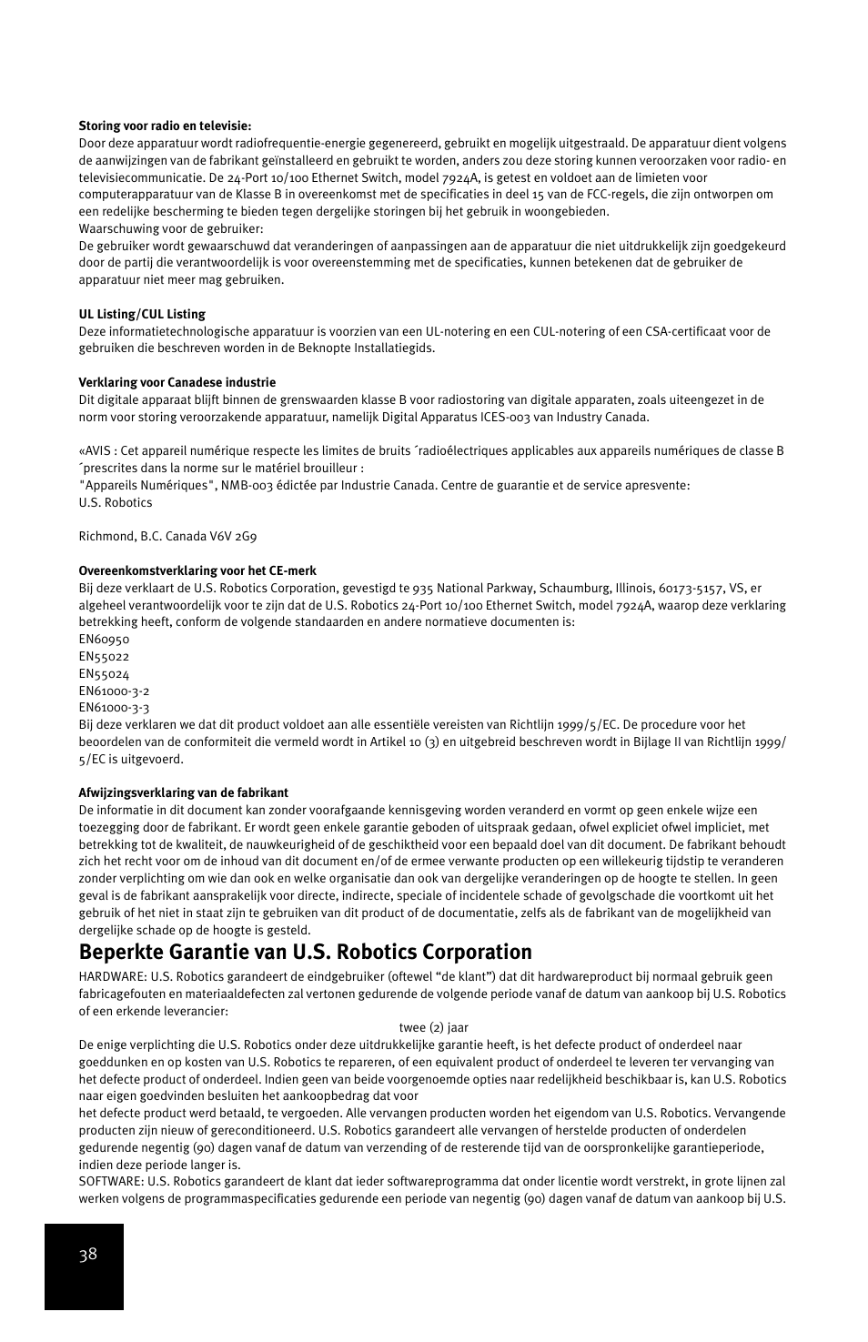 Beperkte garantie van u.s. robotics corporation | USRobotics 24-Port 10/100 User Manual | Page 42 / 78