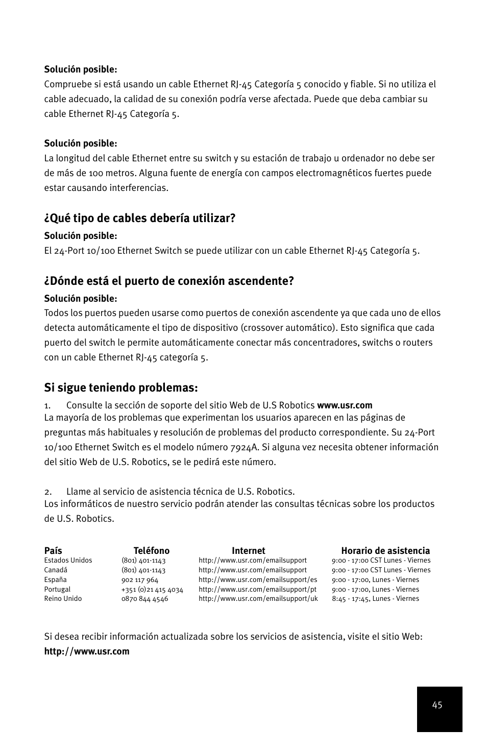 Qué tipo de cables debería utilizar, Dónde está el puerto de conexión ascendente, Si sigue teniendo problemas | USRobotics 24-Port 10/100 User Manual | Page 49 / 78