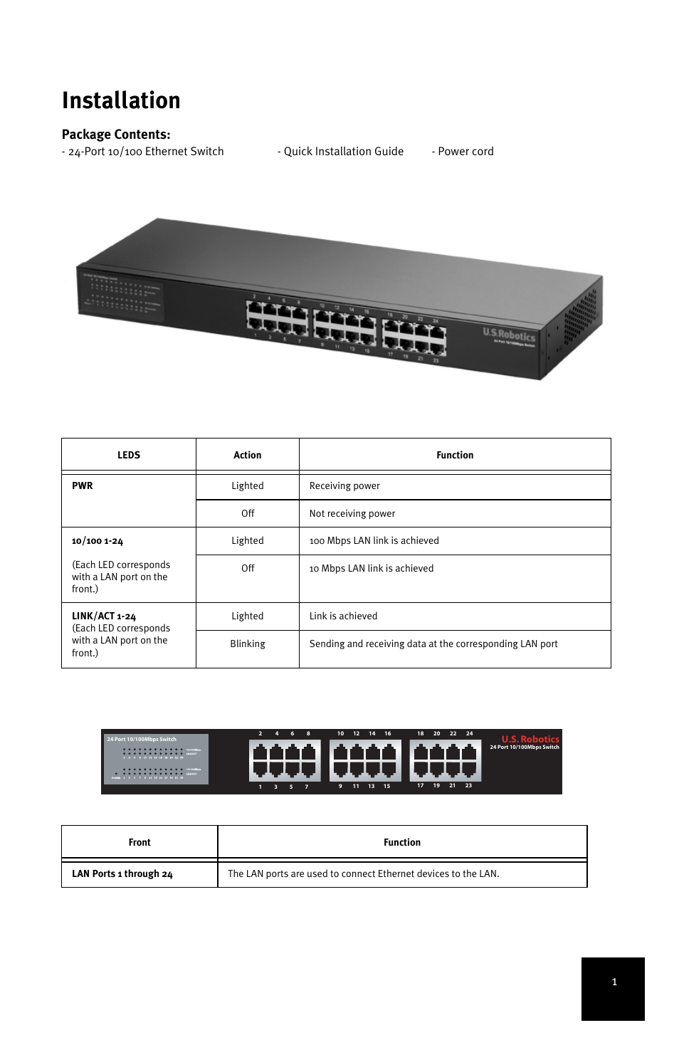 Installation, Package contents | USRobotics 24-Port 10/100 User Manual | Page 5 / 78