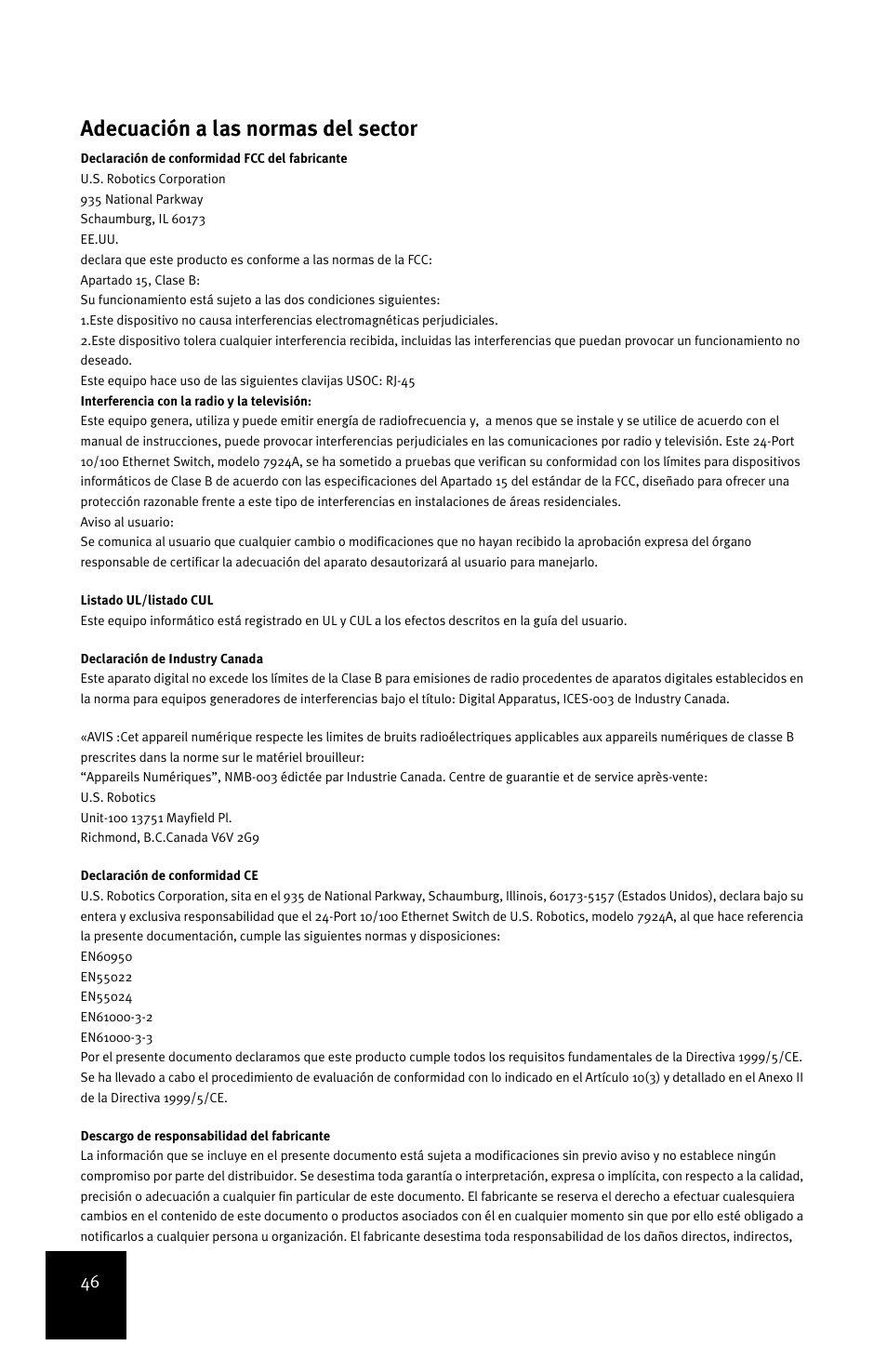 Adecuación a las normas del sector | USRobotics 24-Port 10/100 User Manual | Page 50 / 78