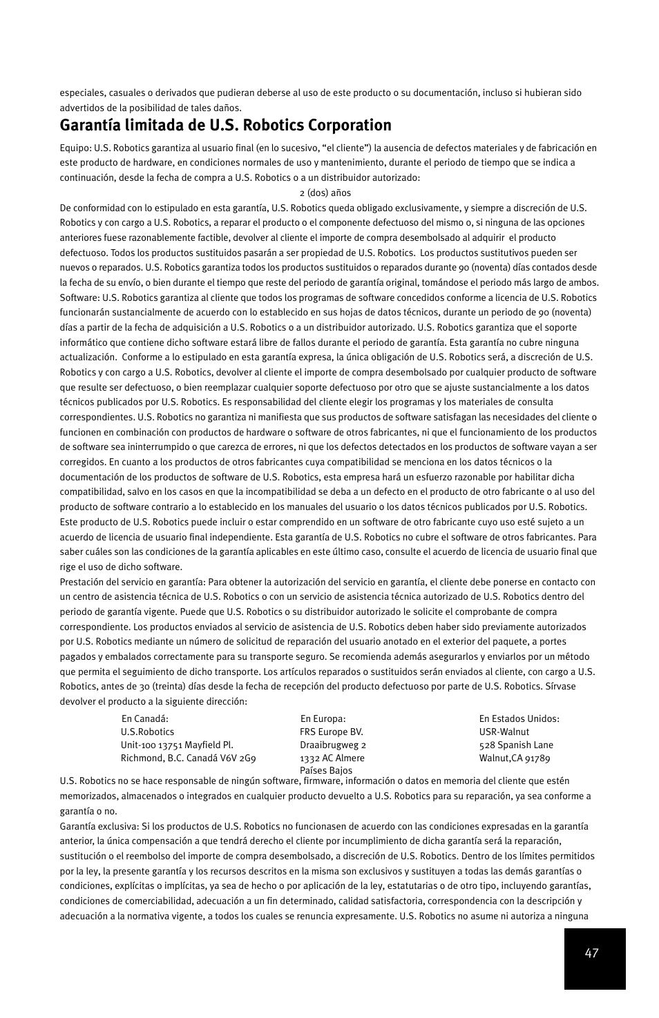 Garantía limitada de u.s. robotics corporation | USRobotics 24-Port 10/100 User Manual | Page 51 / 78