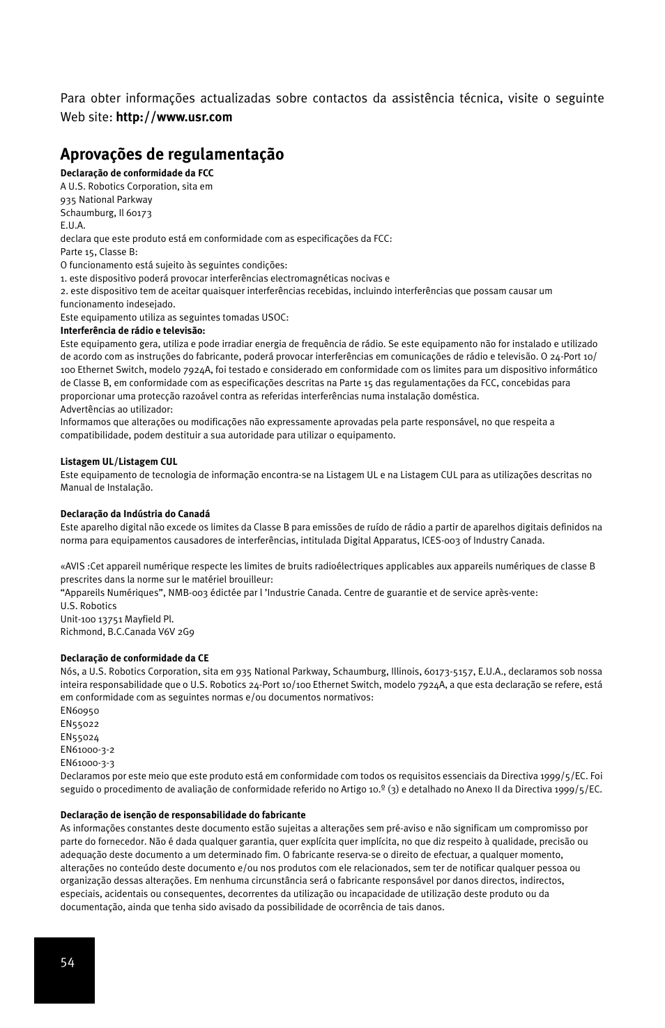 Aprovações de regulamentação | USRobotics 24-Port 10/100 User Manual | Page 58 / 78