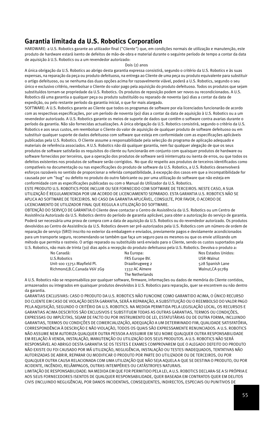 Garantia limitada da u.s. robotics corporation | USRobotics 24-Port 10/100 User Manual | Page 59 / 78