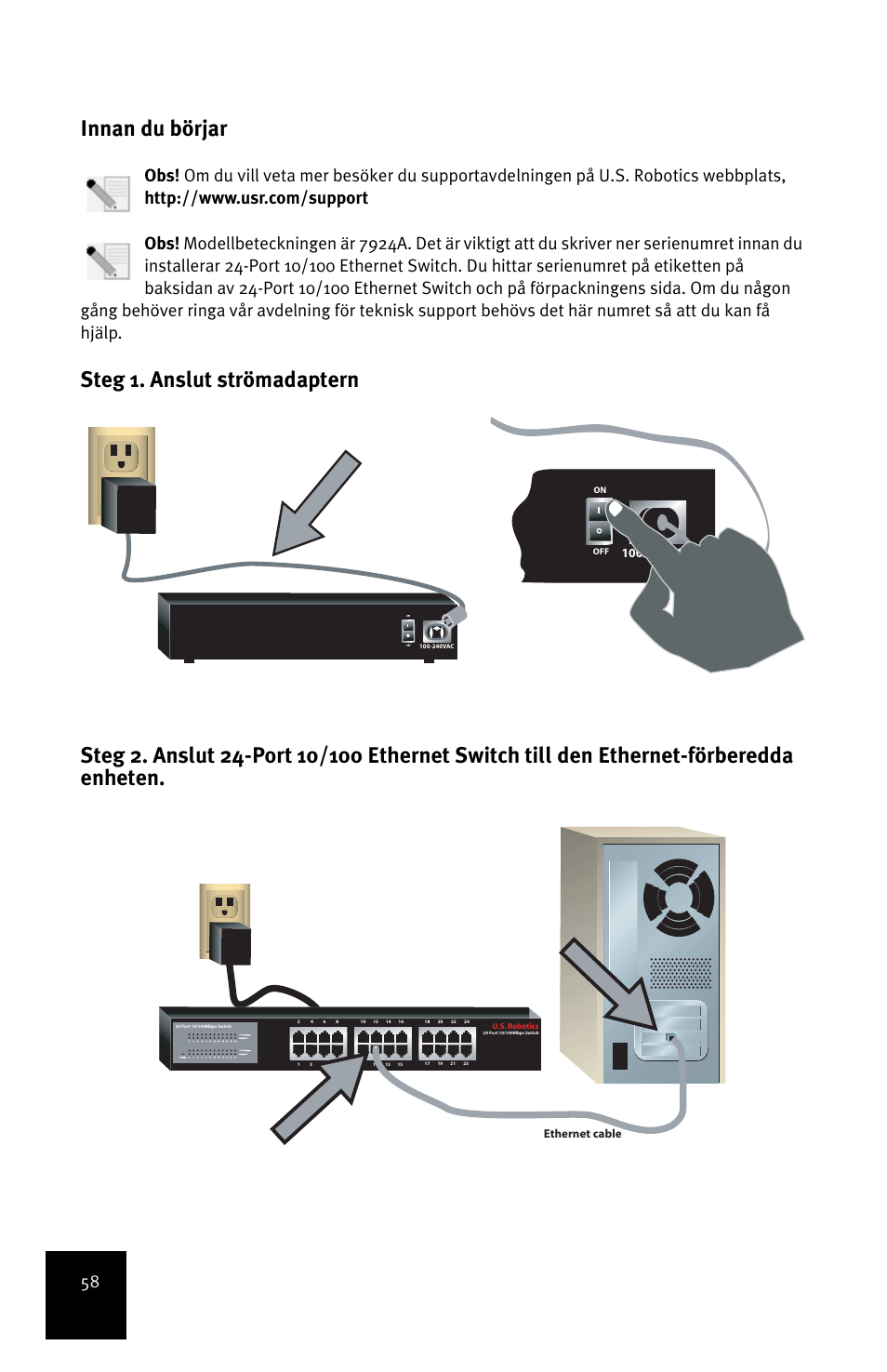 Innan du börjar, 240vac, Ethernet cable | USRobotics 24-Port 10/100 User Manual | Page 62 / 78