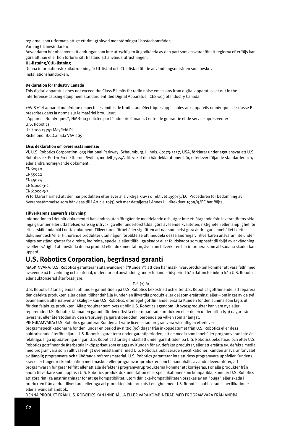 U.s. robotics corporation, begränsad garanti | USRobotics 24-Port 10/100 User Manual | Page 66 / 78