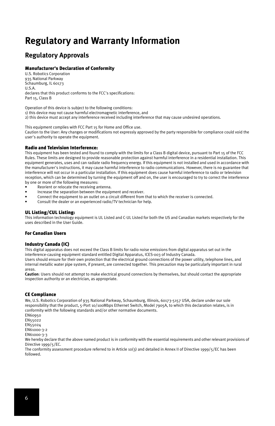 Regulatory and warranty information, Regulatory approvals | USRobotics 5-Port 10/100Mbps Ethernet Switch 7905A User Manual | Page 10 / 96