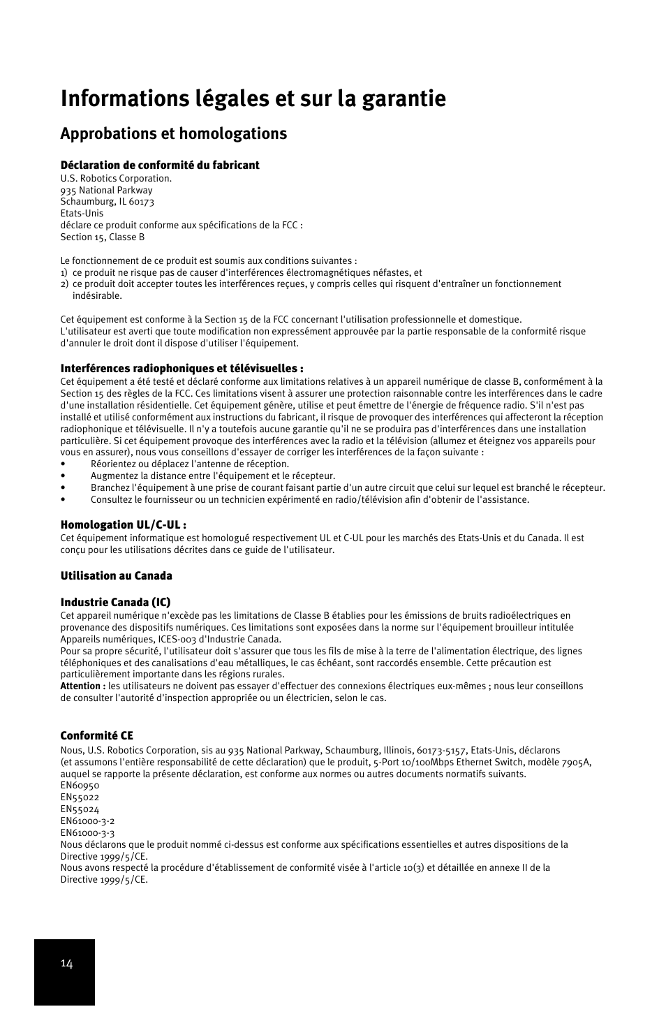 Informations légales et sur la garantie, Approbations et homologations | USRobotics 5-Port 10/100Mbps Ethernet Switch 7905A User Manual | Page 18 / 96