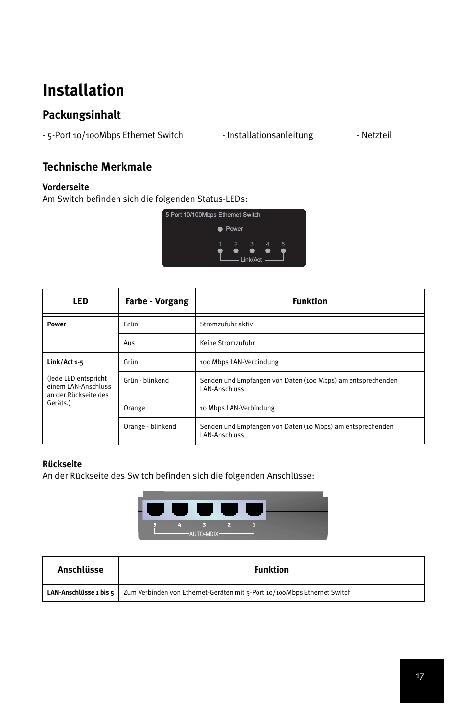Deutsch, Installation, Deutsch installation | Packungsinhalt, Technische merkmale, Anschlüsse funktion | USRobotics 5-Port 10/100Mbps Ethernet Switch 7905A User Manual | Page 21 / 96