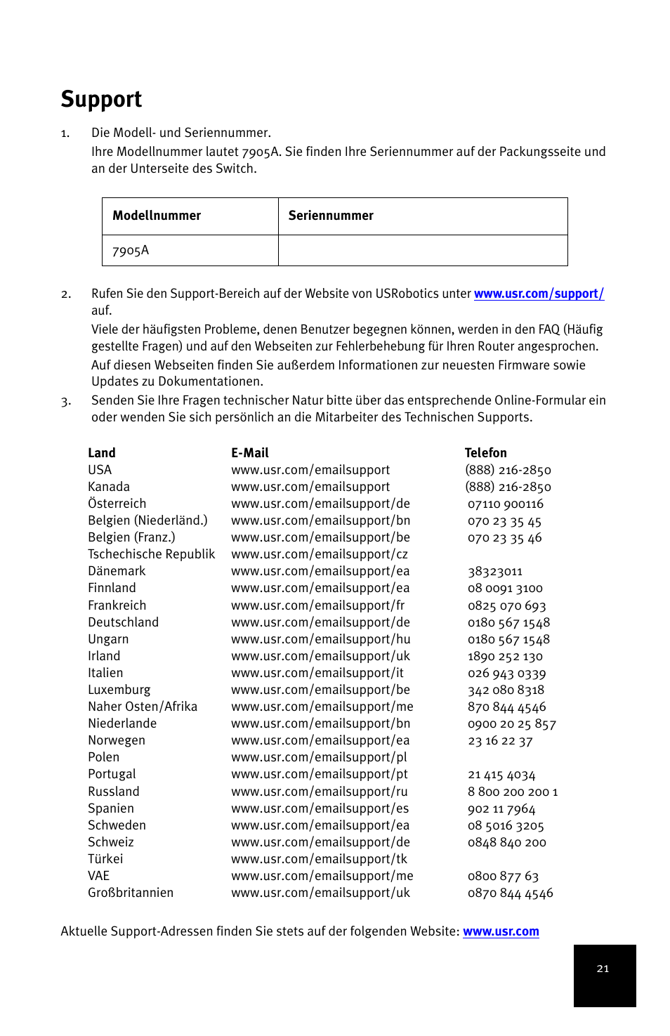 Support | USRobotics 5-Port 10/100Mbps Ethernet Switch 7905A User Manual | Page 25 / 96