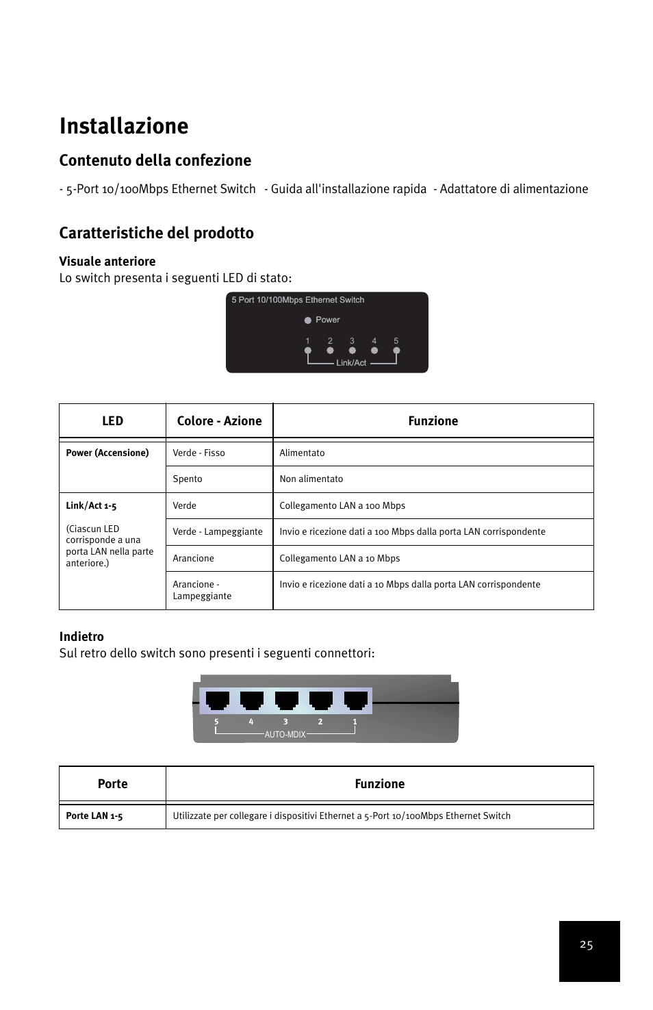 Italiano, Installazione, Italiano installazione | Contenuto della confezione, Caratteristiche del prodotto, Porte funzione | USRobotics 5-Port 10/100Mbps Ethernet Switch 7905A User Manual | Page 29 / 96
