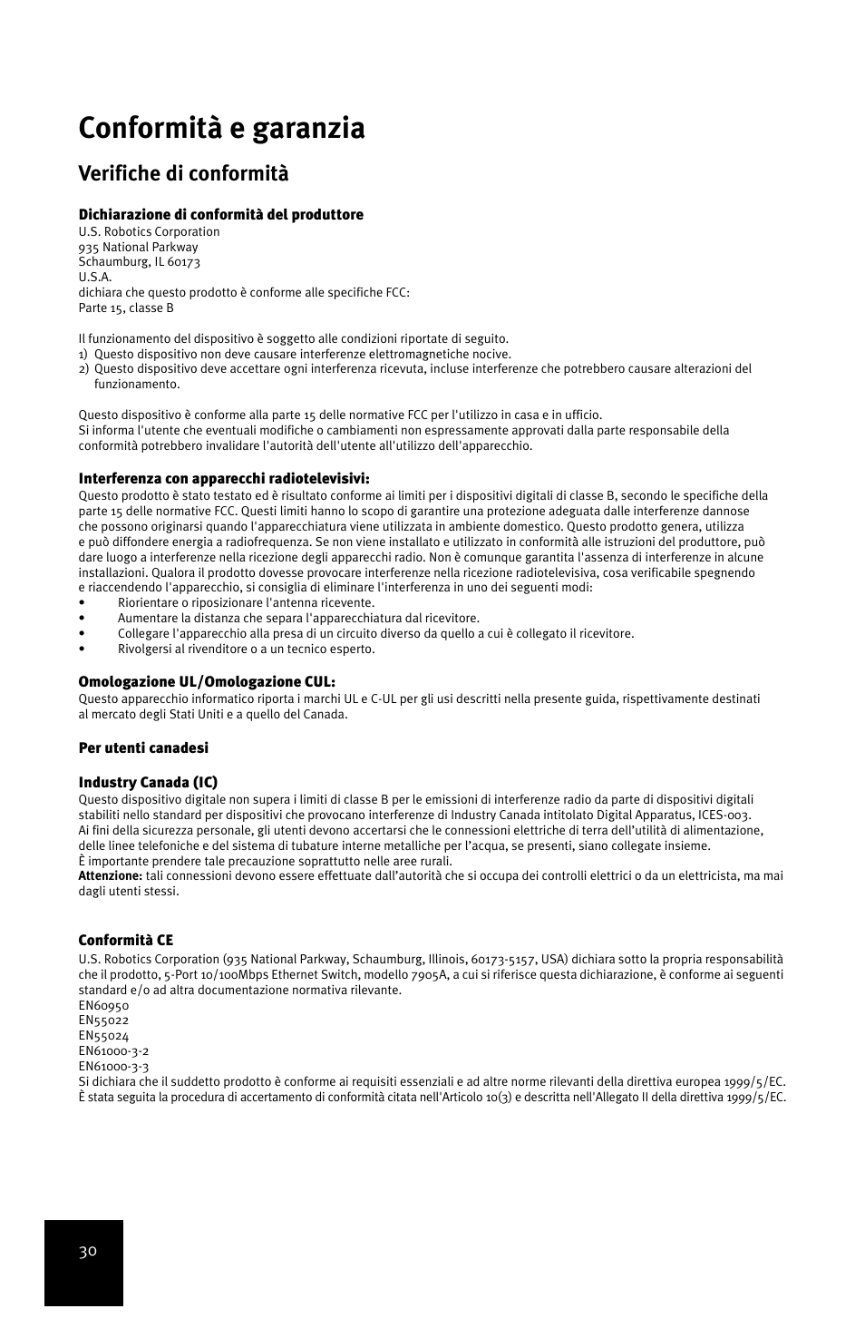 Conformità e garanzia, Verifiche di conformità | USRobotics 5-Port 10/100Mbps Ethernet Switch 7905A User Manual | Page 34 / 96