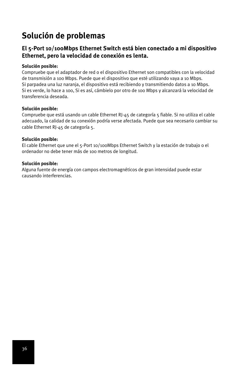Solución de problemas | USRobotics 5-Port 10/100Mbps Ethernet Switch 7905A User Manual | Page 40 / 96