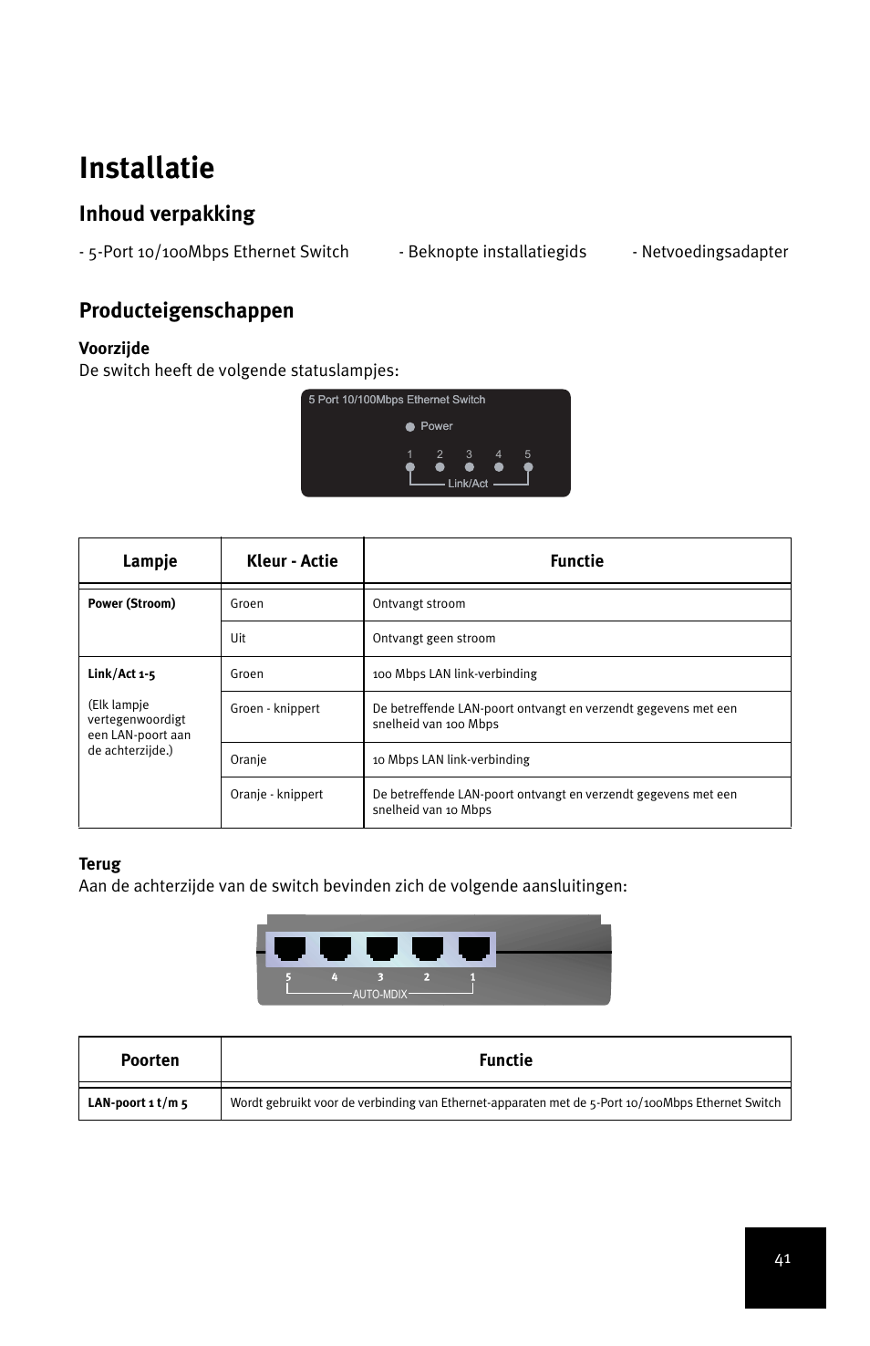 Nederlands, Installatie, Nederlands installatie | Inhoud verpakking, Producteigenschappen, Poorten functie | USRobotics 5-Port 10/100Mbps Ethernet Switch 7905A User Manual | Page 45 / 96