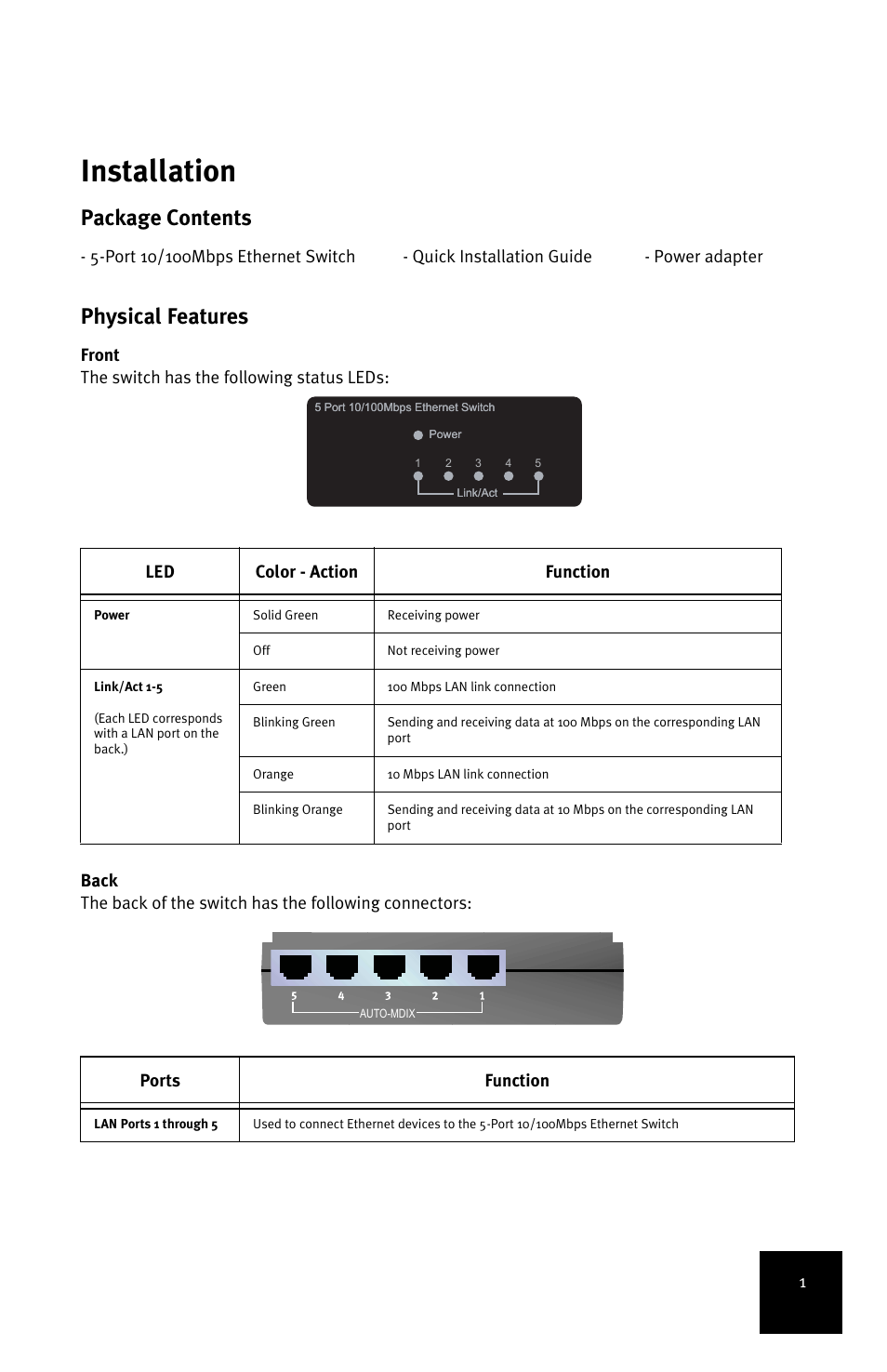 English, Installation, English installation | Package contents, Physical features, Ports function | USRobotics 5-Port 10/100Mbps Ethernet Switch 7905A User Manual | Page 5 / 96