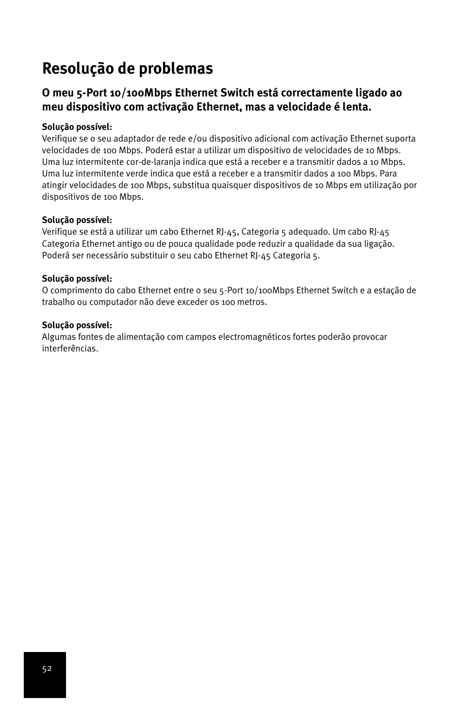 Resolução de problemas | USRobotics 5-Port 10/100Mbps Ethernet Switch 7905A User Manual | Page 56 / 96